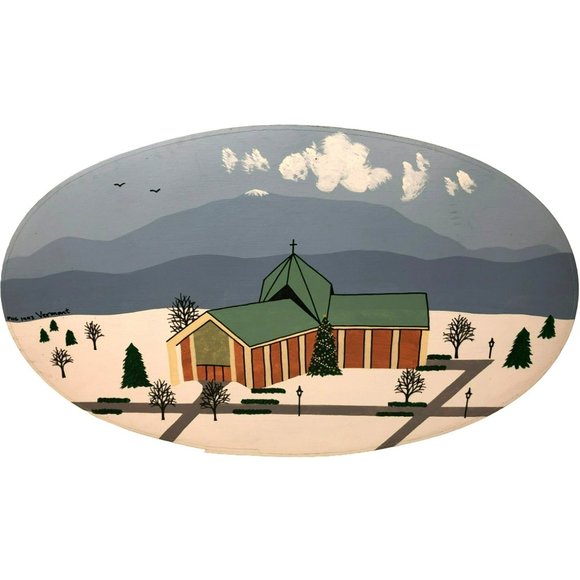 1992 Handmade Vermont Oval Shaker Box with hand painted Lid, Church in Winter - Picture 2 of 9